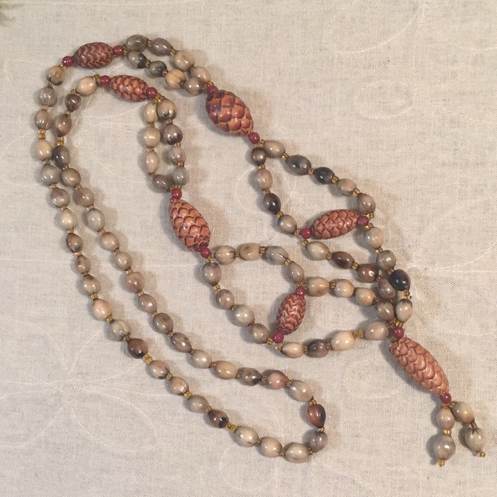 Natural Nut and Seed Pods With Beads Necklace